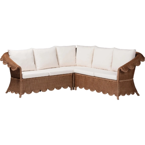 Detta 3 Piece Sectional sofa in Handwoven Scalloped Brown Rattan & Neutral Fabric