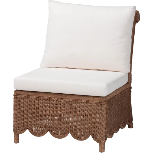 Detta Accent Armless Chair in Handwoven Scalloped Brown Rattan & Neutral Fabric