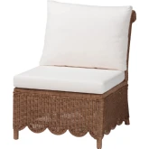Detta Accent Armless Chair in Handwoven Scalloped Brown Rattan & Neutral Fabric