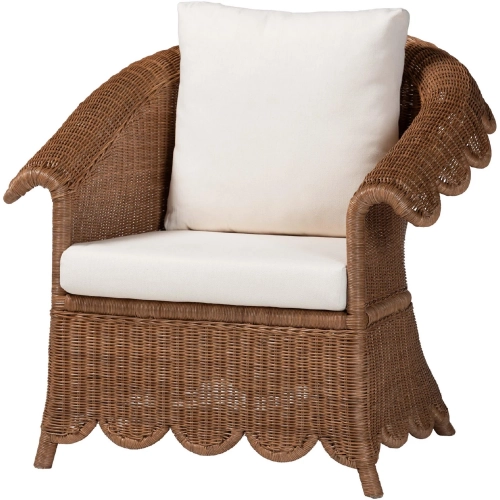 Detta Accent Arm Chair in Handwoven Scalloped Brown Rattan & Neutral Fabric