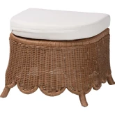 Detta Ottoman w/ Cushion in Handwoven Scalloped Brown Rattan & Neutral Fabric