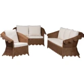 Detta 3 Piece Sofa Set in Handwoven Scalloped Brown Rattan & Neutral Fabric