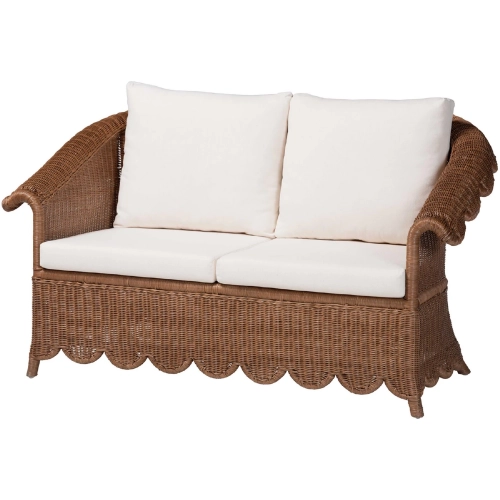 Detta Loveseat in Handwoven Scalloped Brown Rattan & Neutral Fabric