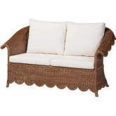 Detta Loveseat in Handwoven Scalloped Brown Rattan & Neutral Fabric