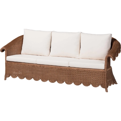 Detta Sofa in Handwoven Scalloped Brown Rattan & Neutral Fabric