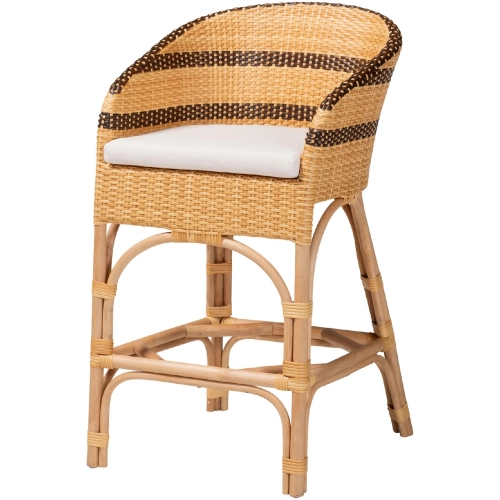 Elma Barrel Back Counter Stool in Poly & Natural Rattan & Neutral Fabric