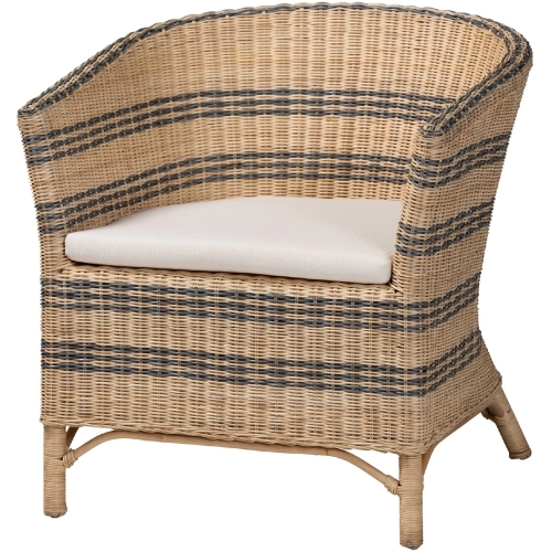 Elda Barrel Back Accent Chair in Natural & Blue Rattan & Neutral Fabric