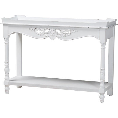 Rafferty Ornate Console Table w/ Shelf in Distressed White Wood