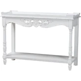 Rafferty Ornate Console Table w/ Shelf in Distressed White Wood