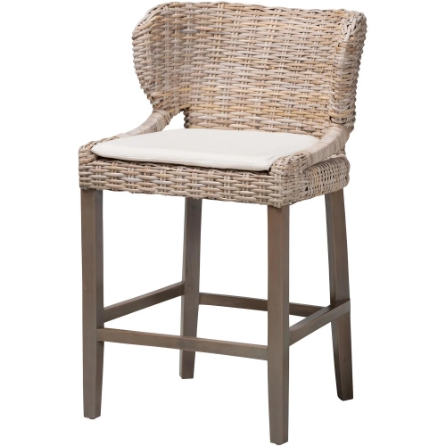 Niesha Counter Stool in Grey Washed Mahogany, Grey Kubu Rattan & White Fabric