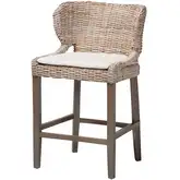 Niesha Counter Stool in Grey Washed Mahogany, Grey Kubu Rattan & White Fabric