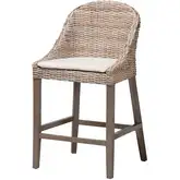 Lara Wingback Counter Stool in Mahogany, Grey Washed Kubu Rattan & White Fabric