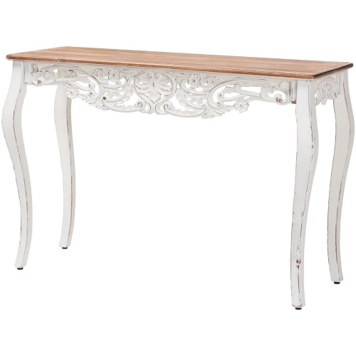 Riquin Floral Console Table in Carved Distressed Brown & White Wood