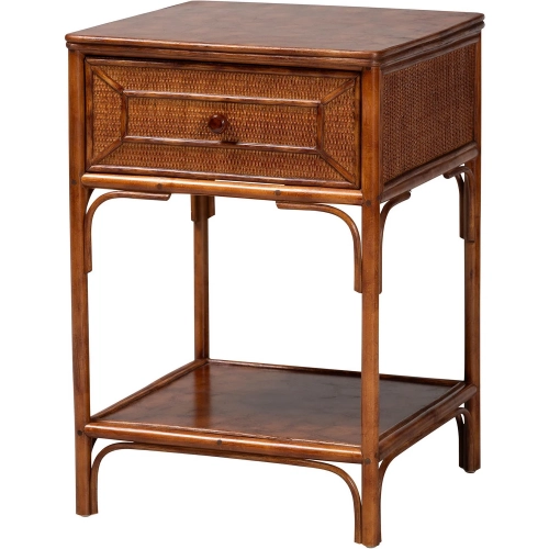 Basile End Table in Marbled Tortoise Rattan & Teak Wood