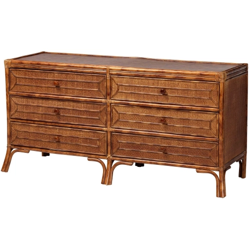 Basile 6 Drawer Dresser in Marbled Tortoise Rattan & Teak Wood