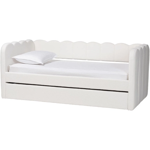 Palmer Scalloped Twin Daybed w/ Rolling Trundle in Cream Teddy Bear Fabric