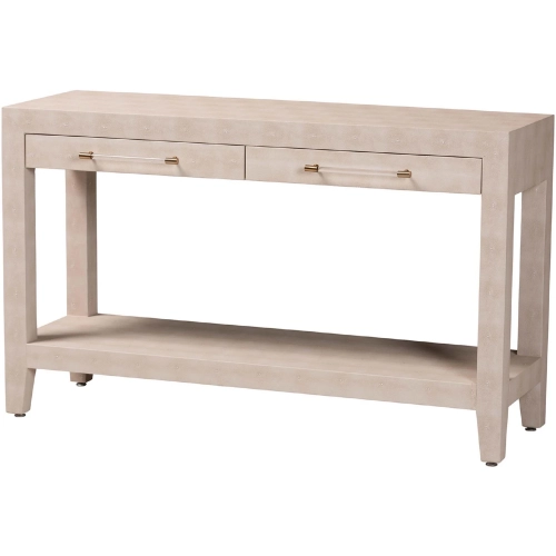 Nira 2 Drawer Console Table w/ Shelf in Beige Faux Shagreen