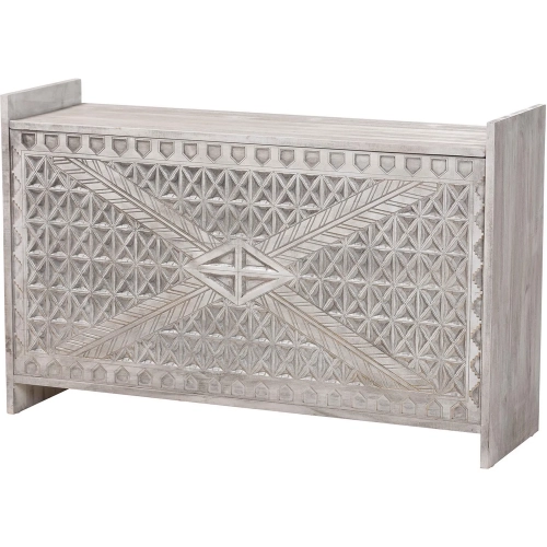 Amado Carved Front Storage Trunk in White Wash Pine Wood