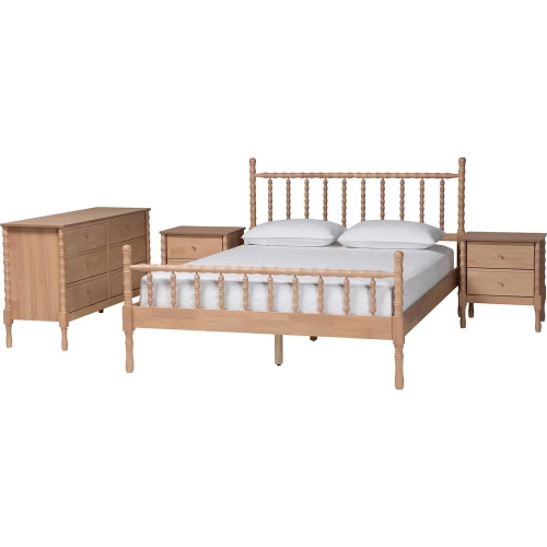 Laurent 4 Piece Queen Bamboo Spindle Style Bedroom Set in Beech Brown Wood
