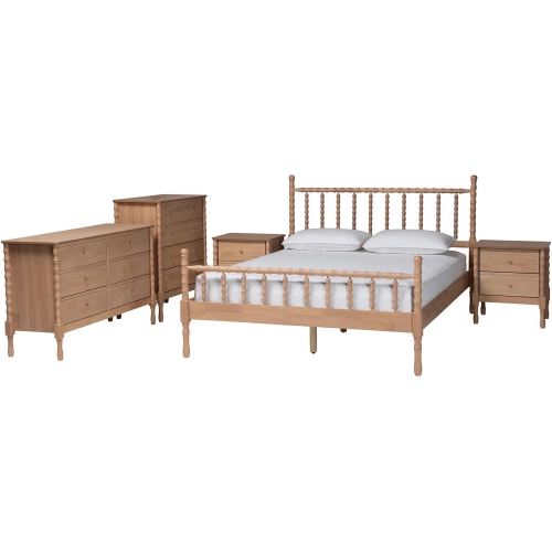 Laurent 5 Piece Queen Bamboo Spindle Style Bedroom Set in Beech Brown Wood