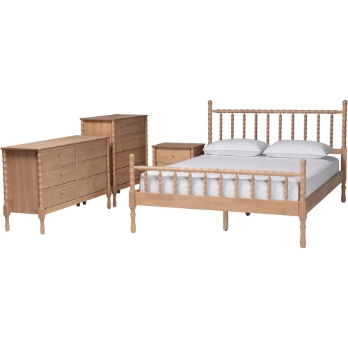 Laurent 4 Piece Queen Bamboo Spindle Style Bedroom Set in Beech Brown Wood