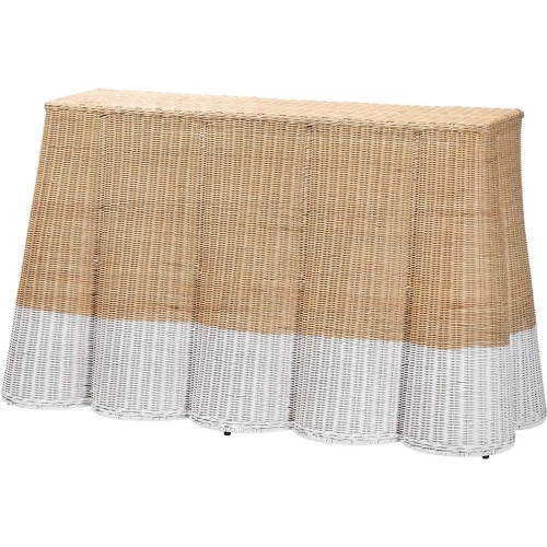 Palm Scalloped Console Table in White & Natural Rattan