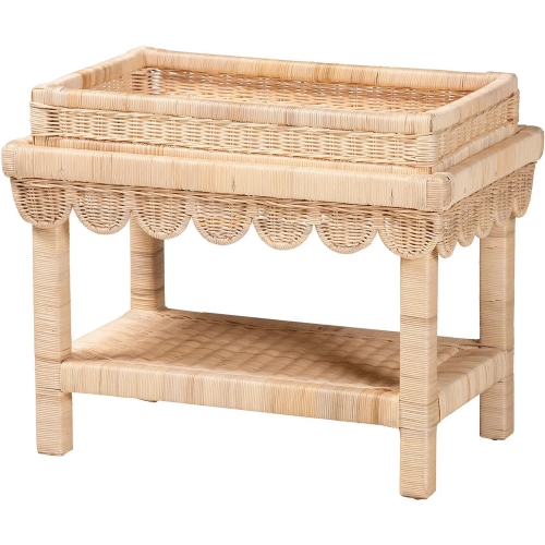 Weyman Scalloped Tray Top End Table w/ Shelf in Rattan
