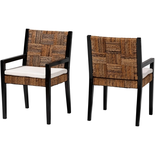 Raniya Dining Arm Chair in Handwoven Seagrass, Black Wood & Neutral Fabric (Set of 2)