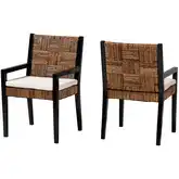 Raniya Dining Arm Chair in Handwoven Seagrass, Black Wood & Neutral Fabric (Set of 2)