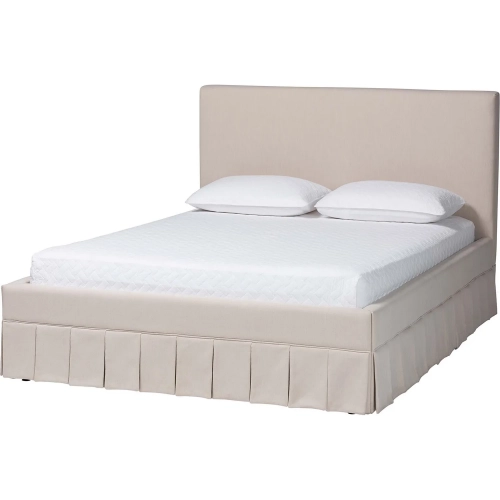 Astin Queen Platform Bed w/ Pleated Skirt in Beige Fabric