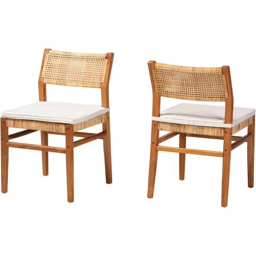 Chatura Dining Side Chair in Rattan, Mahogany Wood & Neutral Fabric (Set of 2)