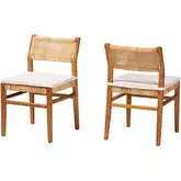 Chatura Dining Side Chair in Rattan, Mahogany Wood & Neutral Fabric (Set of 2)