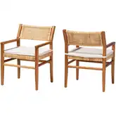 Chatura Dining Armchair in Rattan, Mahogany Wood & Neutral Fabric (Set of 2)