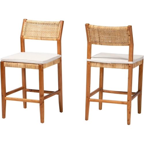 Chatura Counter Stool in Rattan, Mahogany Wood & Neutral Fabric (Set of 2)