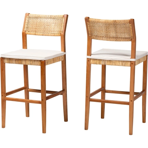 Chatura Bar Stool in Rattan, Mahogany Wood & Neutral Fabric (Set of 2)