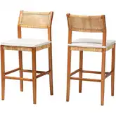 Chatura Bar Stool in Rattan, Mahogany Wood & Neutral Fabric (Set of 2)