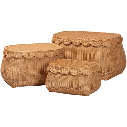Ayleen 3 Piece Basket Set in Handwoven Scalloped Natural Rattan