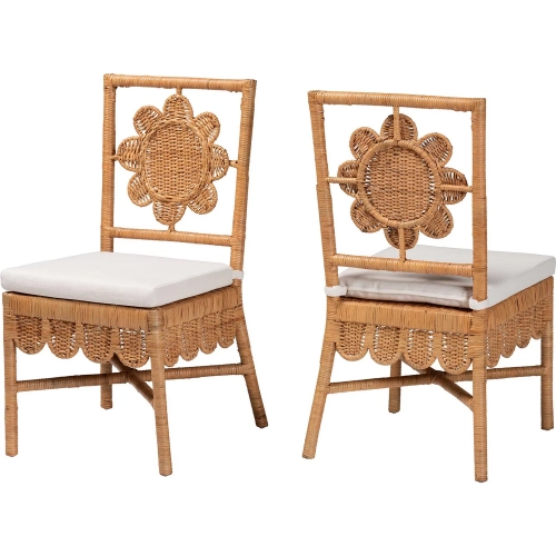 Abagale Flower Back Dining Chair in Rattan & Neutral Fabric (Set of 2)