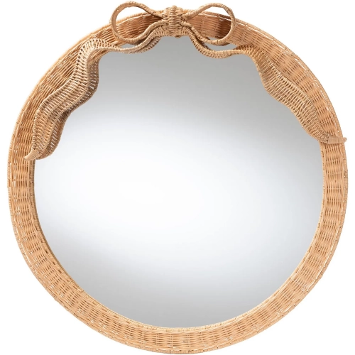 Creusa Round Wall Mirror w/ Bow in Handwoven Honey Natural Rattan