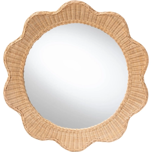 Makoto Round Wall Mirror in Handwoven Scalloped Natural Rattan