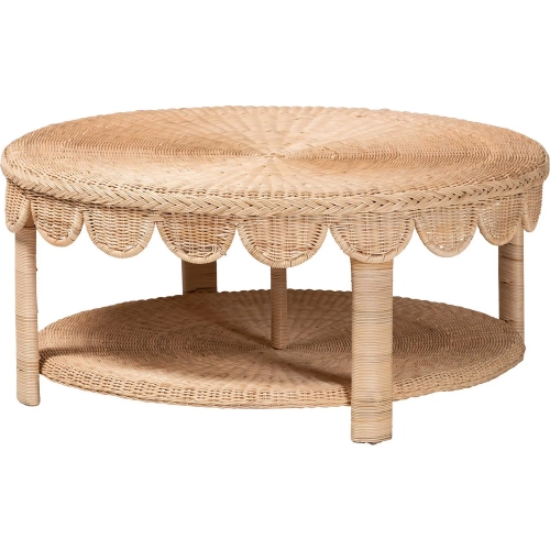 Latoya Round Coffee Table in Handwoven Scalloped Natural Rattan