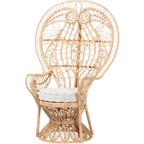 Kimiko Peacock Accent Chair in Handwoven Natural Rattan & Neutral Fabric