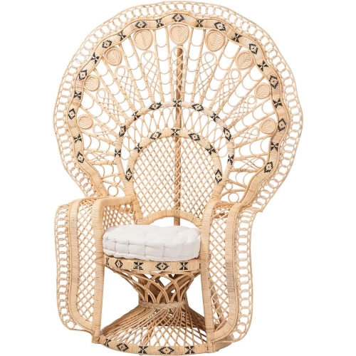 Nafisa Peacock Accent Chair in Handwoven Natural Rattan & Neutral Fabric