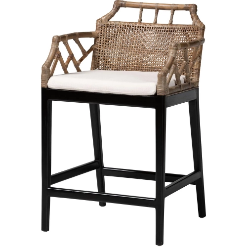 Abiel Counter Stool in Grey Wash Rattan, Black Wood & Neutral Fabric (Set of 2)