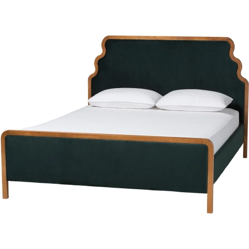 Gerianne Queen Scalloped Platform Bed in Green Velvet & Wood