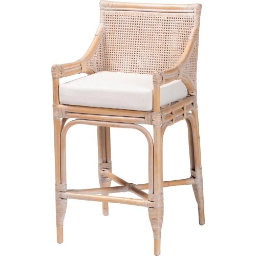 Allen Lattice Back Counter Stool in White Wash Rattan & Neutral Fabric