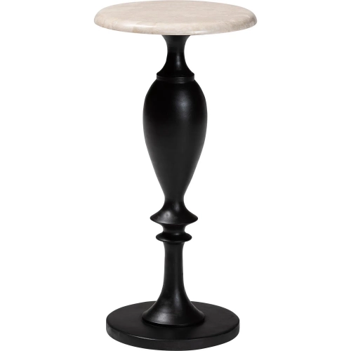 Perlita Pedestal End Table in Marble Stone & Black Wood