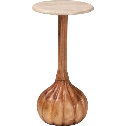 Usama Pedestal End Table in Antique Brown Wood & Cream Marble Stone