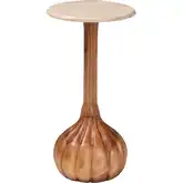 Usama Pedestal End Table in Antique Brown Wood & Cream Marble Stone