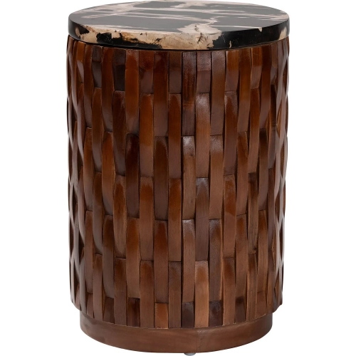 Lavanya Drum End Table in Black & Cream Petrified Wood & Recycled Teak Wood